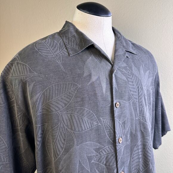 Tommy Bahama Silk Shirt Men XL Tropical Jacquard logo Button Charcoal - Picture 1 of 13